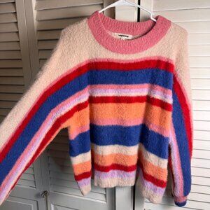 Vigoss Womens large Striped Fuzzy Sweater Multi-Color Cozy & Soft Knit Pullover